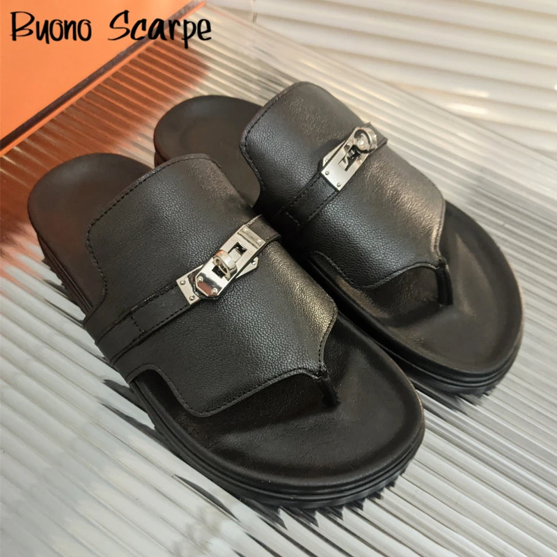 Designer Flip Flops Sandals Flat Leather Rome Lock Slides Casual Fisherman  Flats Clip Toe Metal Decor Summer Beach Shoes 2022 SS - AliExpress