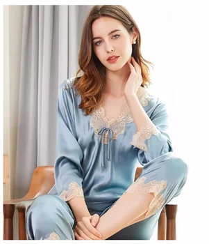 Lace Trim 100% Mulberry Silk Pajama Set Female Casual Home Clothes Quality Lady Sleepwear Pijama Soft Satin Loungewear Nightwear