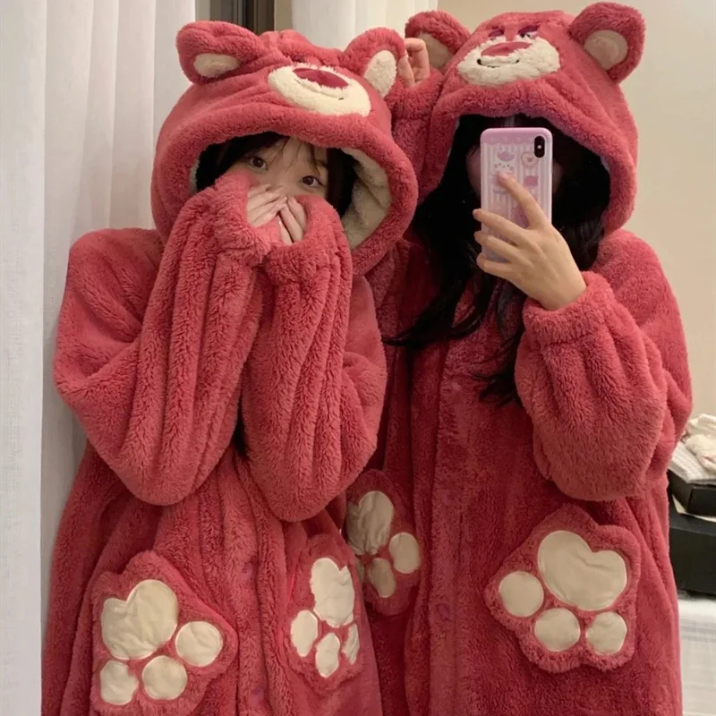 

2022 Winter Long Sleeve Cute Cartoon Pajamas Thick Warm Flannel Hooded Nightgown For Women Coral Velvet Sleepwear Night Dress