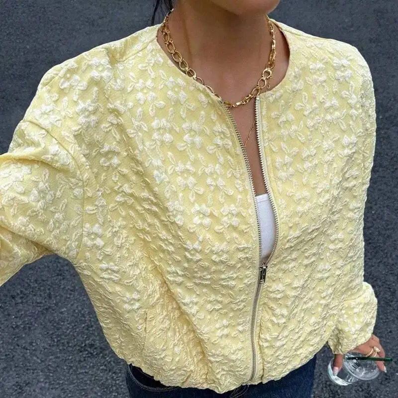 FashionJacquardZipperShortJacketWomenSElegantONeckStreetCoatsSpringAutumnCasaulLooseYellowOutercoat-AliExpress