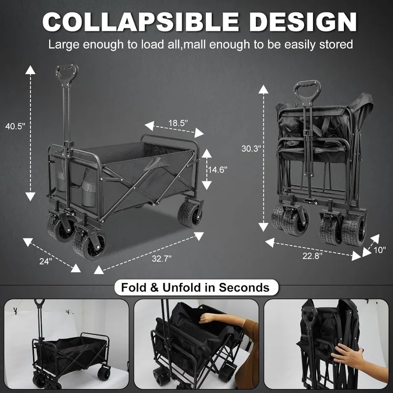 Collapsible Foldable Wagon,Beach Wagon with Big Wheels for Sand,Utility Grocery Wagon with Side Pocket and Brakes