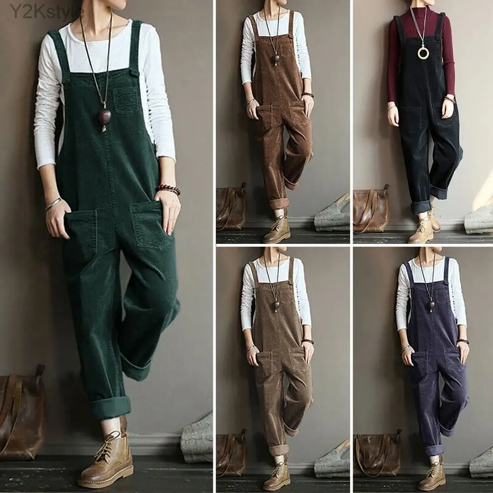 S-5XL Women corduroy Jumpsuit Pocket Wide Leg Solid Color Loose Sleeveless Simple Autumn Playsuits Rompers Streetwear Plus Size