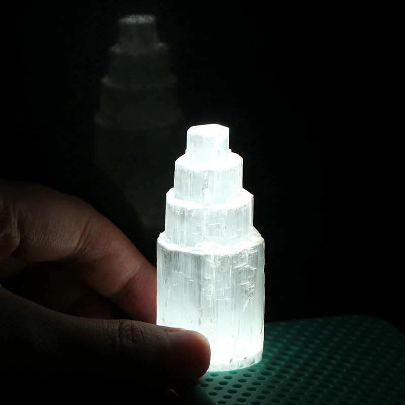 

Natural Selenite Lamp White Gemstones Ice Berg Carved Lamp Crystal Ore Decor Clear Tower Mineral Quartz Tower Home Decor