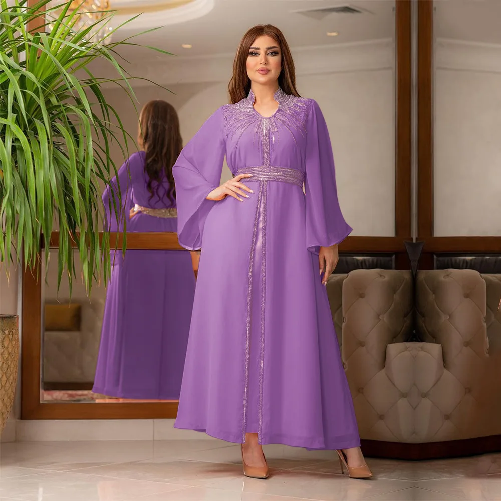 

New Women Kimono Sleeve Diamonds Maxi Dress Eid Mubarak Djellaba Kaftan Muslim Abaya Ramadan Islamic Jalabiya Party Gown Caftan