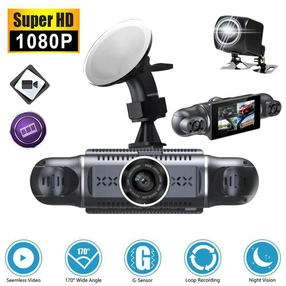 360 도 파노라마 4 렌즈 대시 캠, 3 인치 FHD 1080P IPS 스크린, 4 채널 비디오 녹음기, 나이트 비전, 4 분할 스크린 대시 캠
