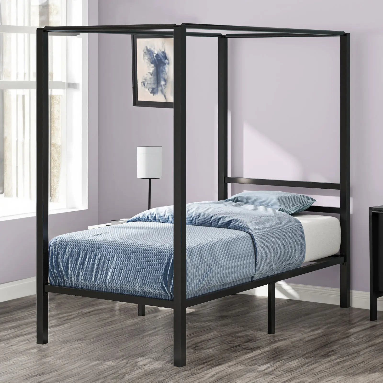 

Metal Canopy Bed Frame With Headboard Four-poster Bed Metal Slat Twin Size