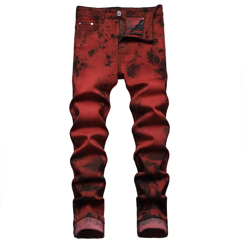 High Quality Slim-fit Jeans for Men Tie-dye Snow Wash  Brick Red Denim Straight Pants Streetwear Fashion Casual Trousers