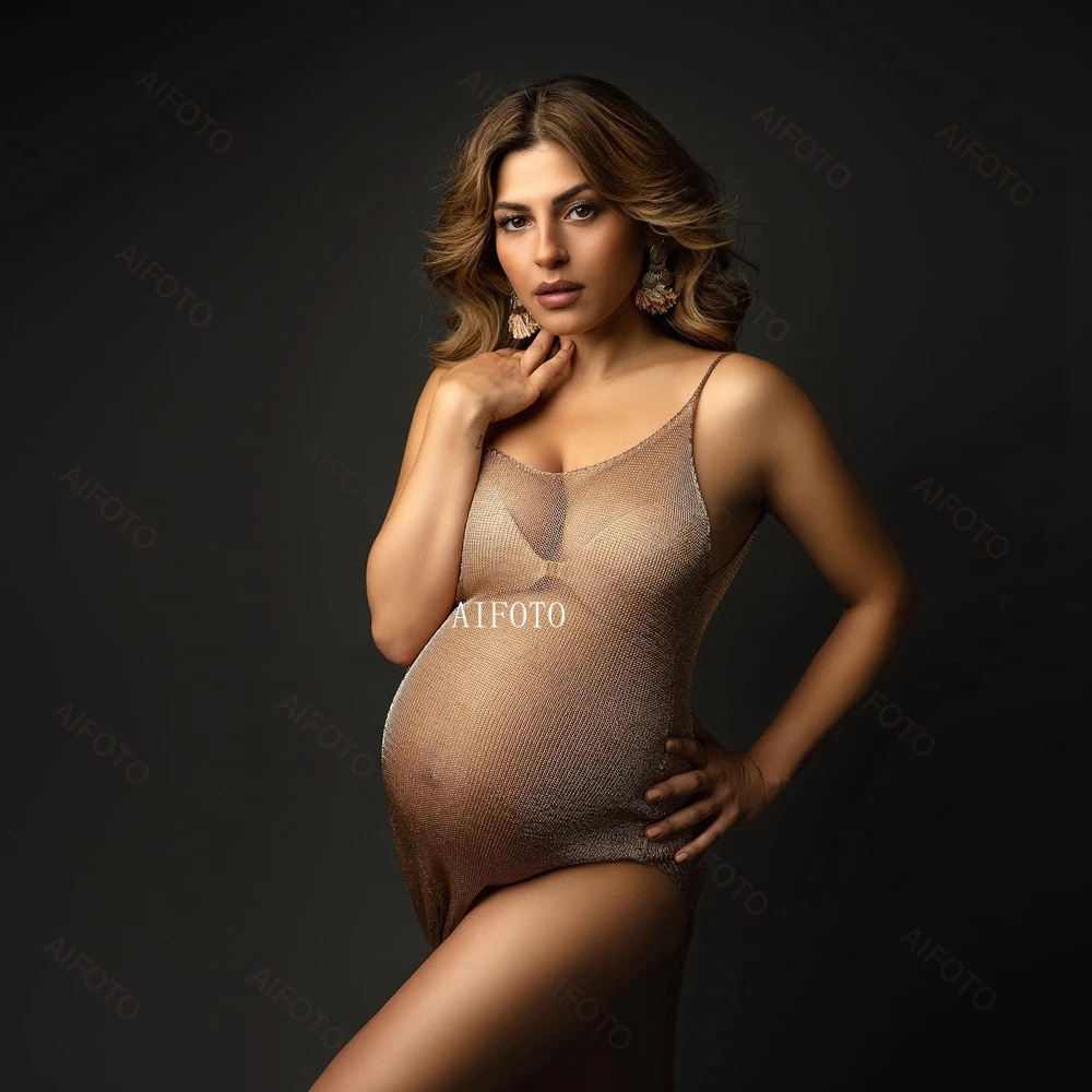 

HOT!Maternity Dresses Photography Props Knitted Gowns Pregnancy Robe Women Girl Photo Shooting Headband Goddess Crown Pearl Gold