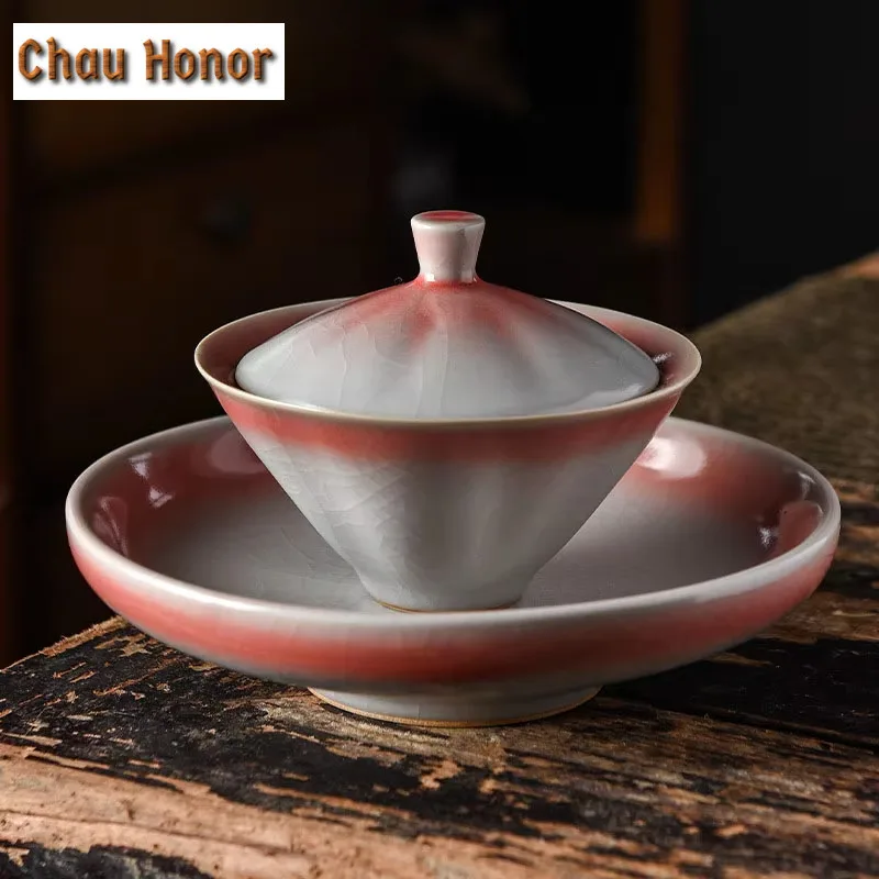 100ml High-end Ru Kiln Cherry Powder Ceramics Sancai Gaiwan Handmade Home Kung Fu Tea Set Tea Ceremony Drinkware Birthday Gifts
