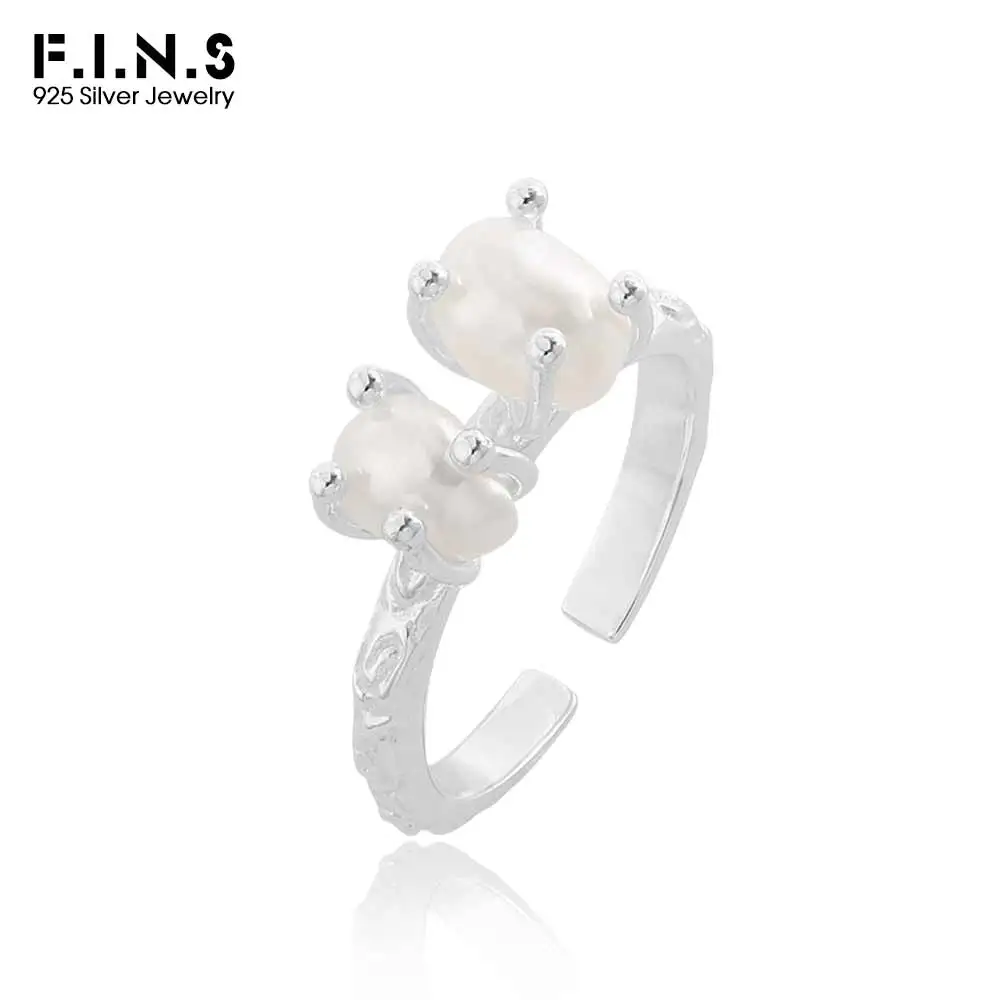 F.I.N.S Elegant Natural Freshwater Pearl 925 Sterling Silver Ring Irregular Open Adjustable Wedding Finger Fashion Fine Jewelry