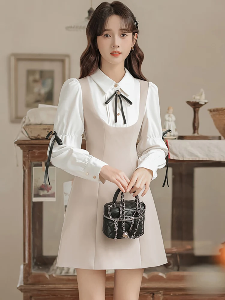 

Women Fashion Patchwork Fake Two Piece Mini Dress Spring Autumn Chic Bow Polo Collar Shirt Dress 2024 Korean Elegant Y2k Dresses