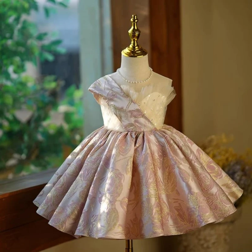 

Children's Princess Evening Gown Mesh Stitching Sleeveless Print Design Wedding Birthday Baptism Eid Party Girls Dress A2868