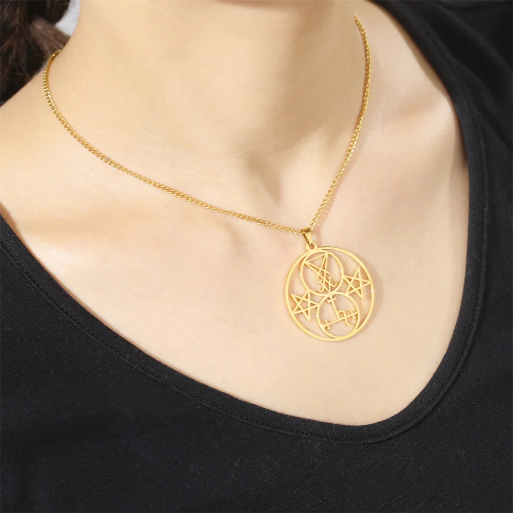 Sigil of Lucifer Lilith Pendant Necklace - Stainless Steel Satanic Pentagram Amulet
