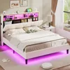 Bed Frame with Led Lights and Storage Headboard, LED Bed Frame with Charging Station, Velvet Upholstered Platform Bed Frame 2