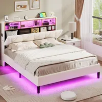 Bed Frame with Led Lights and Storage Headboard, LED Bed Frame with Charging Station, Velvet Upholstered Platform Bed Frame 2
