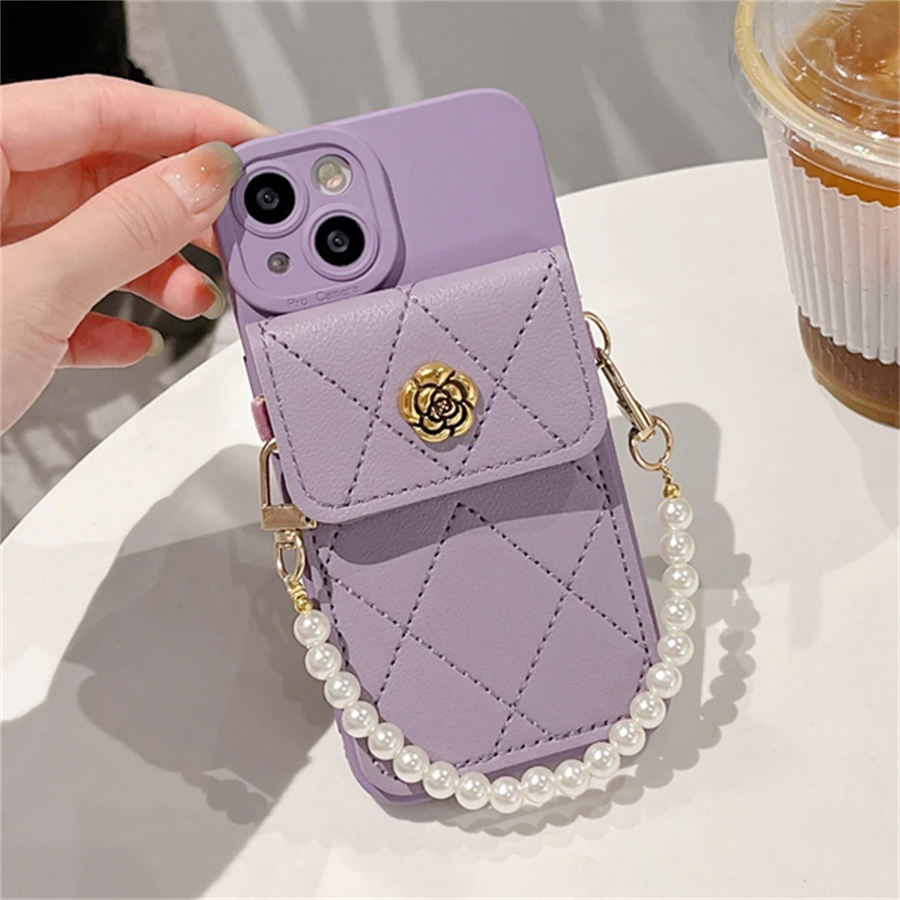 Korea 3D Kamelie Blume Karte Tasche Perle Kette Silikon Weiche Fall Für iPhone 16 15 14 Pro Max 13 12 11 X XR 8 Plus Stoßfest Abdeckung_voghion.com