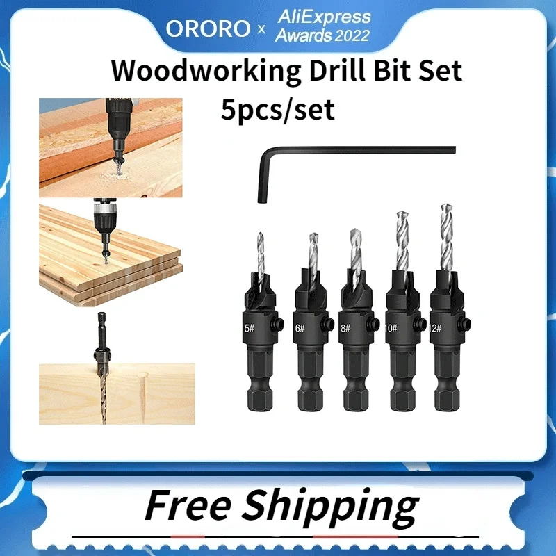 

4/5pcs Countersink Drill Woodworking Drill Bit Set Drilling Pilot Holes For Screw Sizes #5 #6 #8 #10 #12 With a Wrench Tools