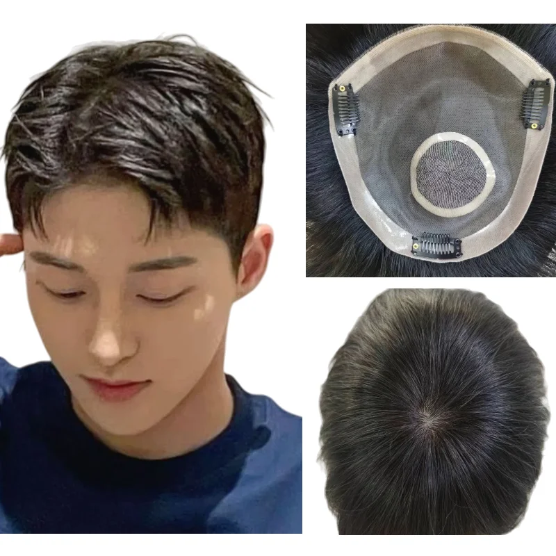 6인치 100% 인모 남성 부분 가발, 모노 탑 PU 측면 레이스 메쉬, 클립 포함, 핸드타이드 베이스, 내추럴 블랙 남성 가발 ...