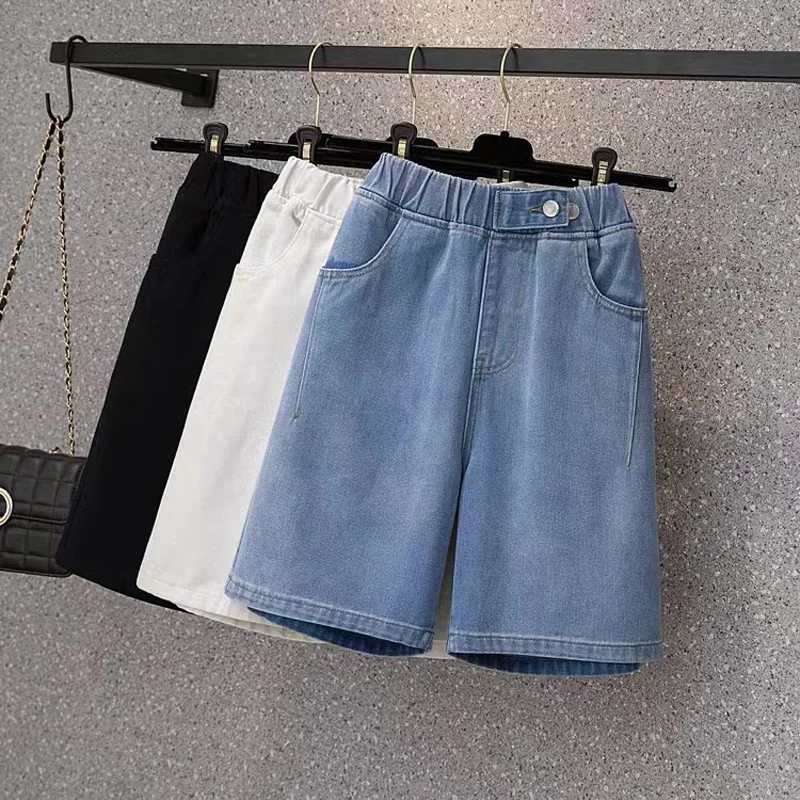 

Solid Color Korean Version Denim Shorts Women 2022 Summer New Fashion Elastic High Waist Pocket Denim Five-point Pants