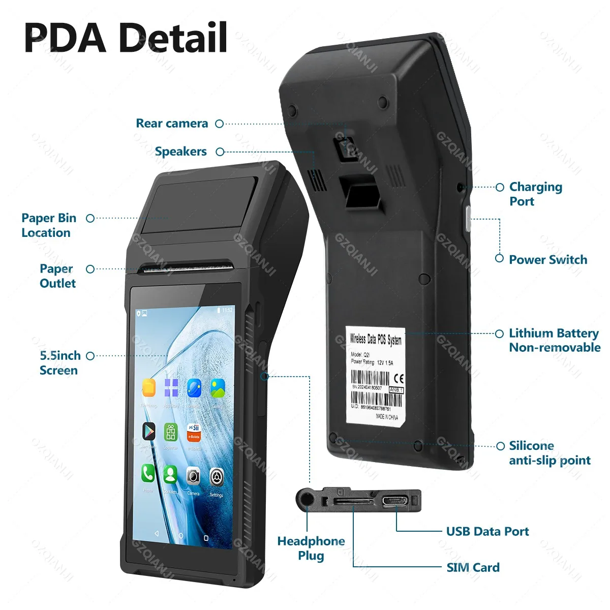 Black 5.45" Touch Screen PDA Device Supports 3G WiFi BT4.0 USB Bluetooth Handheld Loyverse POS Machine 58mm Terminal Printer