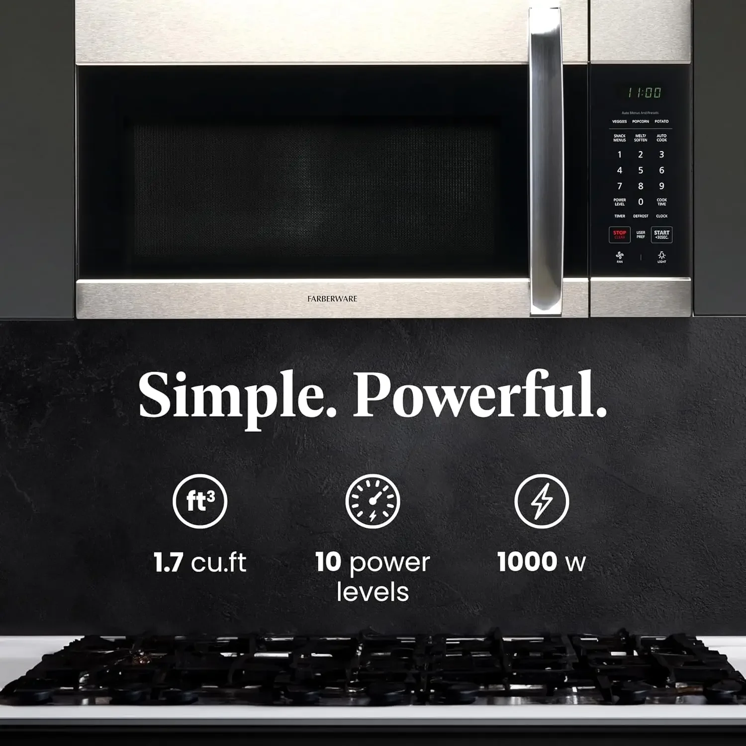 Over-the-Range Microwave Oven, 1.7 Cu. Ft. - 1000W - Auto Reheat, Multi-Stage Cooking, Melt/Soften Feature, Child Safety Lock, L 2