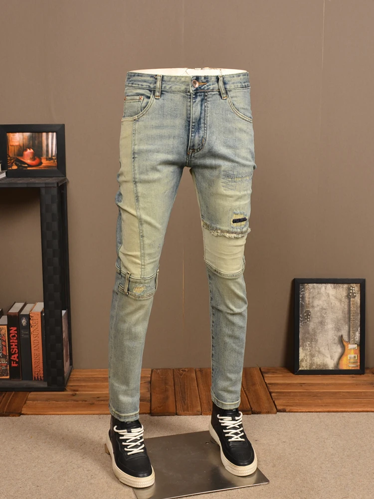 Vintage Ripped Patch Jeans Men Autumn Light Blue Slim Fit Straight Pants Streetwear Casual Retro Patchwork Denim Trousers