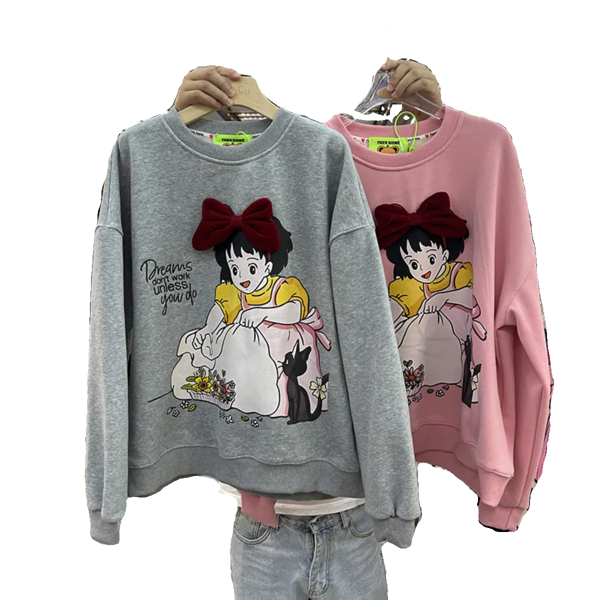 Korean Style Loose Bow Fleece Hoodie Women 2023 Autumn Winter Round Neck Cartoon Printed Long Sleeve Sweatshirt Top Female
