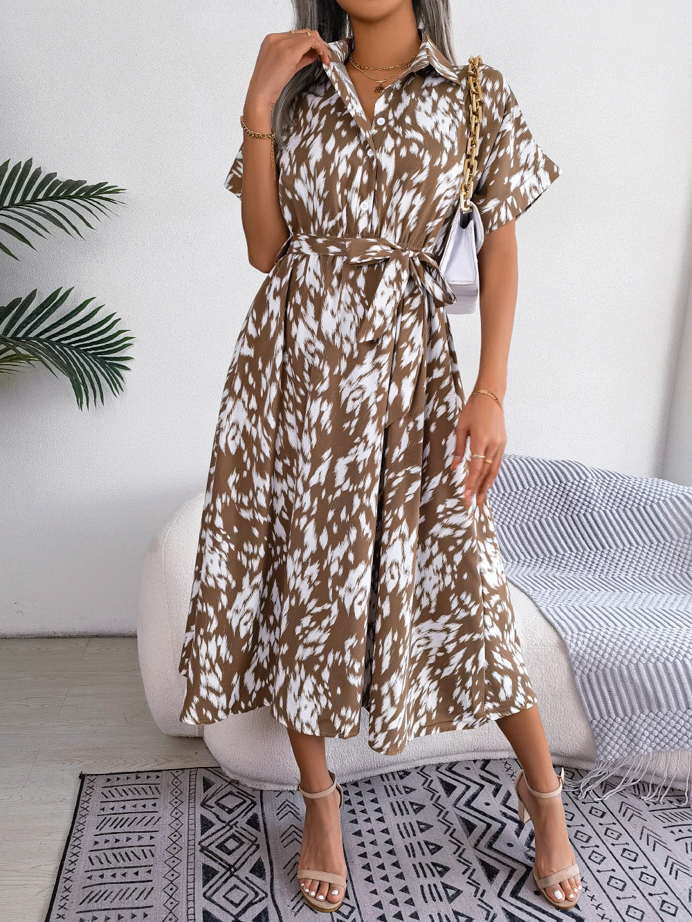 Women Casual Leopard Print Batwing Sleeve Buttons Slim Waist Long Shirt Dress For Summer
