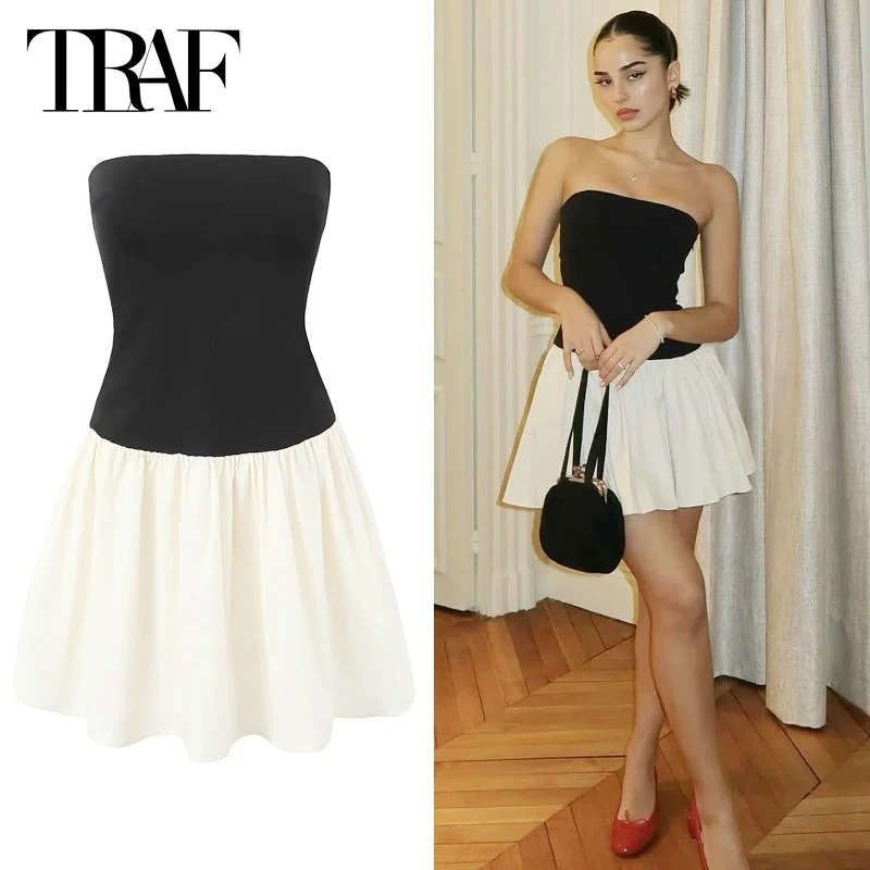 

TRAF Women's Dress Summer 2024 Strapless Patchwork Dress Mini Backless Sleeveless Short Dresses Beach Vestidos Sexy Hottie Dress