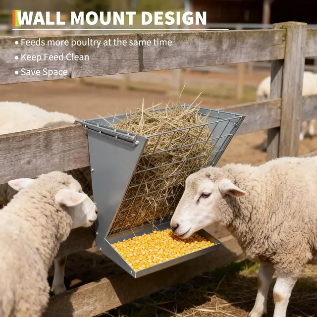 Wall Mounted Livestock Hay Rack for Farm Animals,Goats,Sheeps,Horses 2 in 1 Heavy-Duty Steel Hay & Grain/Salt Feeder Holder