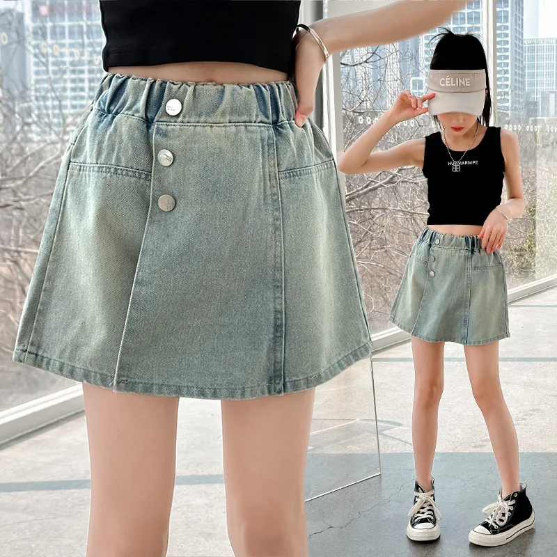 Girls Denim shorts Skirt Summer Children's Culottes Teenager Kids Casual Pantskirt Checkerboard Button Trouser Skirts