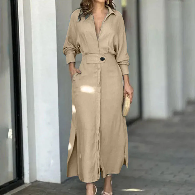 

Women Fashion Dress Elegant V Neck Long Sleeve Casual Khaki Maxi Dress 2024 Spring Party Club Pocket Split Slit Dress Vestidos