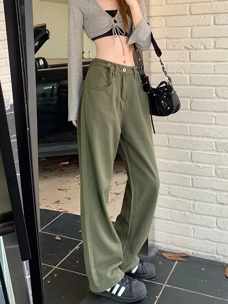 Autumn High Waisted Green Jeans Women's Vintage Straight Loose Streetwear Pockets Denim Button Wide Leg Pants