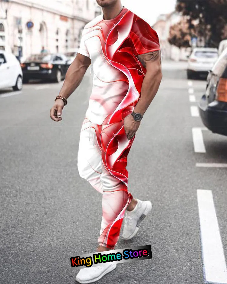 New King 3D Printed Short Sleeve Suit Men Tracksuit Set Jogger Clothing Male Casual Tshirts Trousers 2 Piece Outfits Streetwear