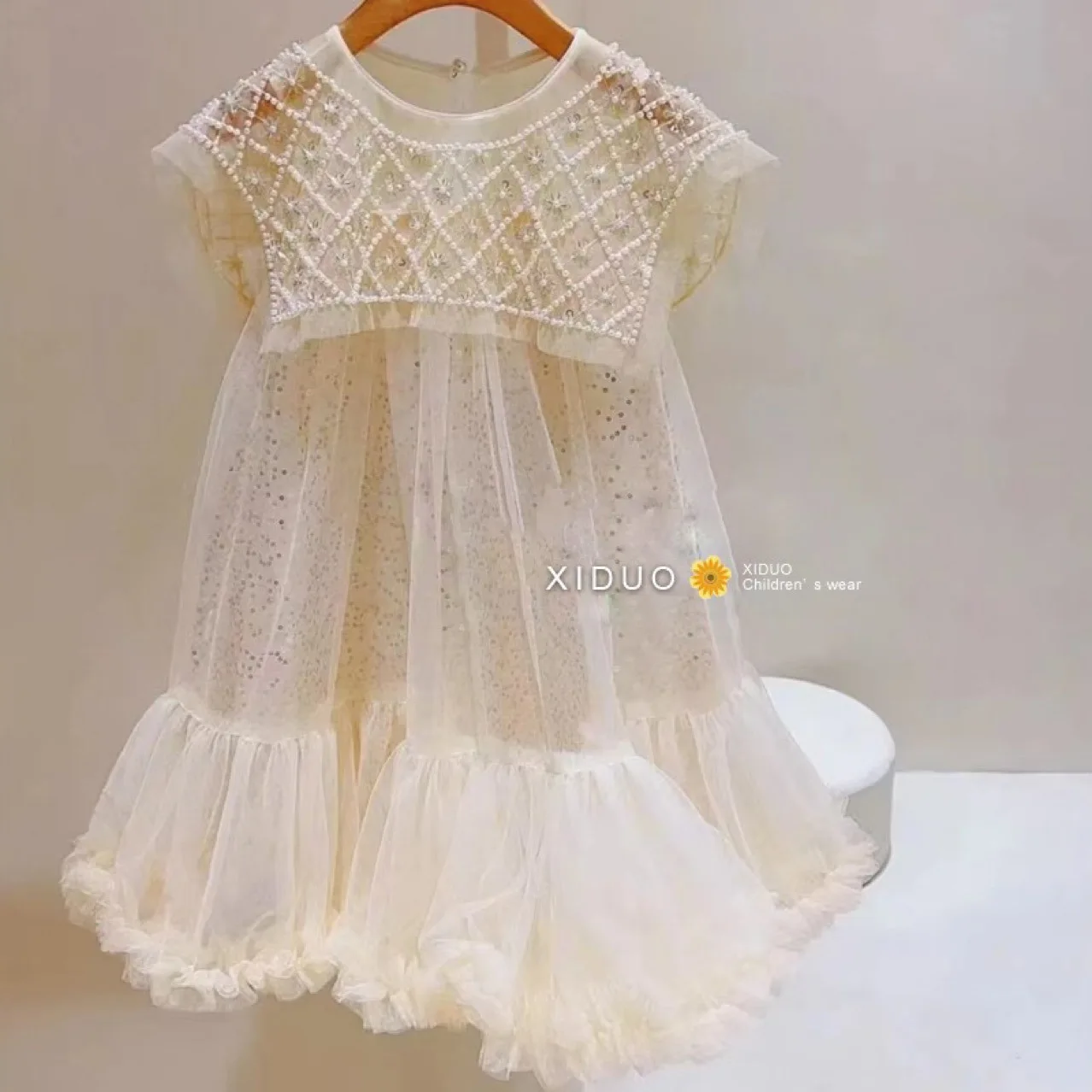 Girls Princess Dress Casual Spring Summer Children's Wear Korean Pearl Neck Princess Dress Fashion Yarn girls dress princess costume kids clothes