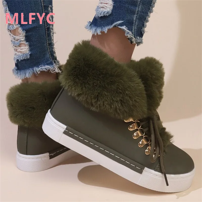 Flat Bottom Winter New Women's Cotton Boots Flat Bottom Lace up Women's Velvet Warm Snow Boots Short Boots mujer