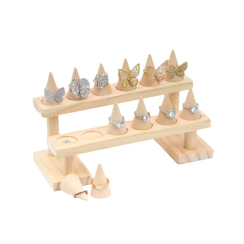 Simple Solid Wood Cone Ring Display Rack Jewelry Holder Detachable In Multiple Sizes Ring Support Live Broadcast Jewelry Props