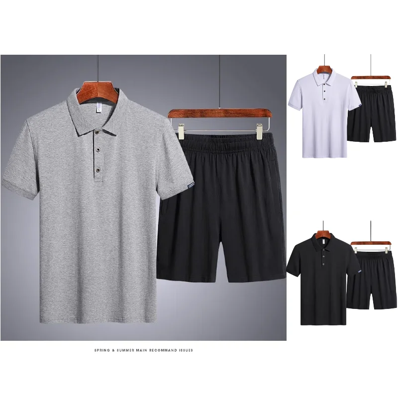 

(M-8XL )Large Size Business Casual Polo Shirt Shorts Sports Suit Solid Color Cotton Plus Fertilizer Plus Size Two-piece Suit