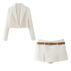 PB&ZA 2024 Spring New Women's Fashion and Elegance Versatile Short Suit Coat+Belt and Skirt Set