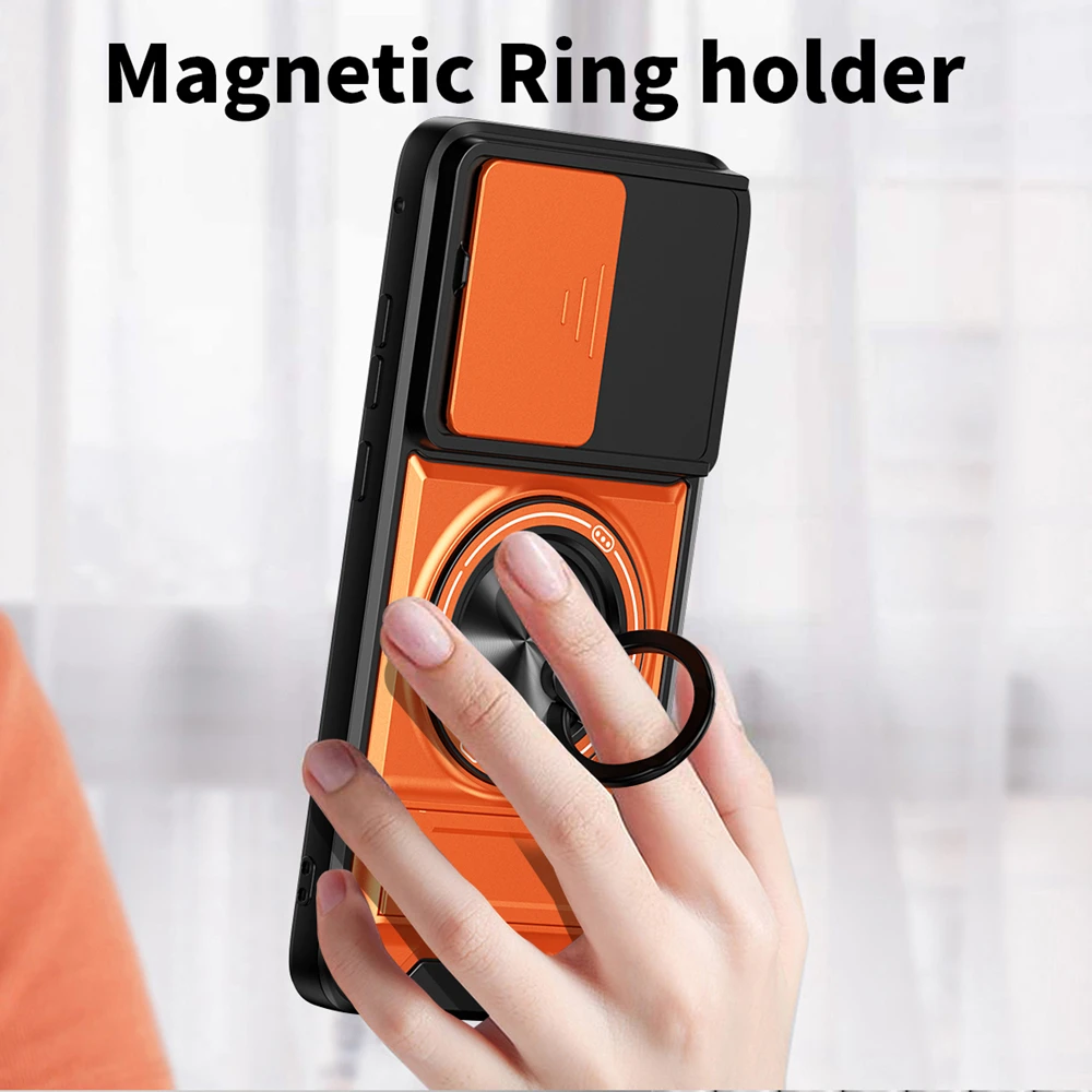 Luxury Armor Magnetic Ring Bracket Case with Slide Lens Cover