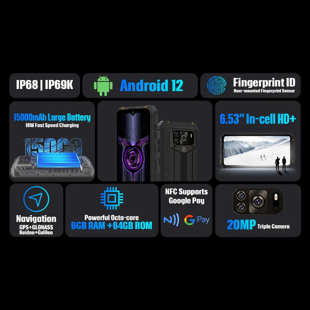 HOTWAV W10 Pro Rugged Device 15000mAh Large Battery Android 12 Octa-Core  6.53 Inch NFC 6GB 64GB 20MP