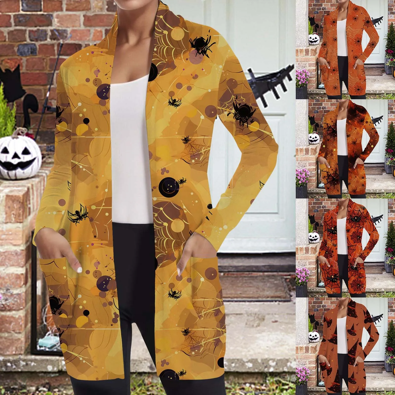 

Women Fall Halloween Cardigan Skeleton Pumpkin Print Coat Casual Button Blouses Woman Clothing Overshirt Harjauku OL Women Tops