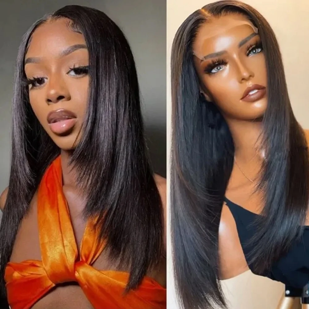 

Layered Cut 13x4 Lace Wig Straight Synthetic Lace T Part Wig Pre Plucked with Baby Hair For Women Natural Black High Temperature