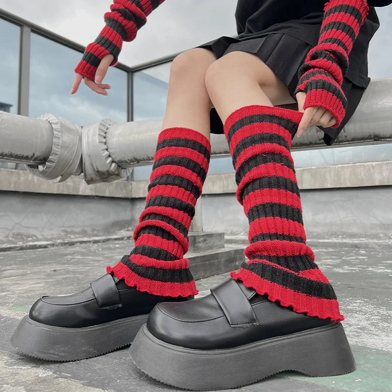 Lolita Long Socks Women's Leg Warmers Red Black Strip Arm Warmer Keep Sleeve Autumn Winter Crochet Socks Boot Cuffs Accessories