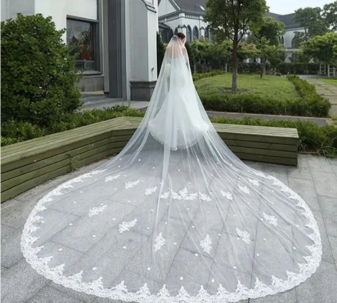 2022 New 4 Meters One Layer Lace Tulle Long Wedding Veil New White Ivory 4 M Bridal Veil with Comb Velos De Novia