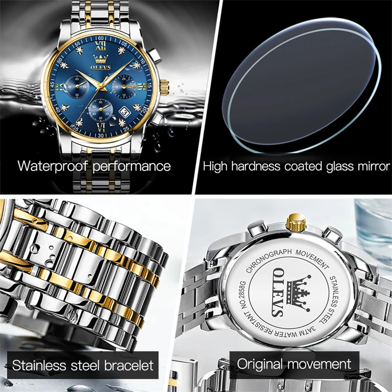 OLEVS Mens Watches Top Brand Luxury Stainless Steel Waterproof Luminous Chronograph Quartz Watch Fashion Business Wristwatch