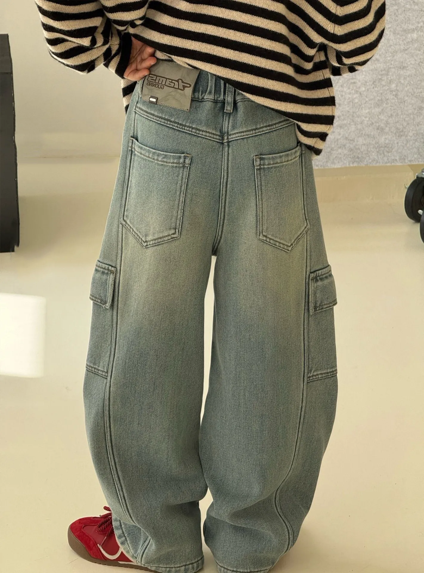 유니섹스 플리스 안감 와이드 레그 청바지 아동 겨울 의류 레트로 작업복 스타일 키즈 루즈핏 바지 남아 여아용