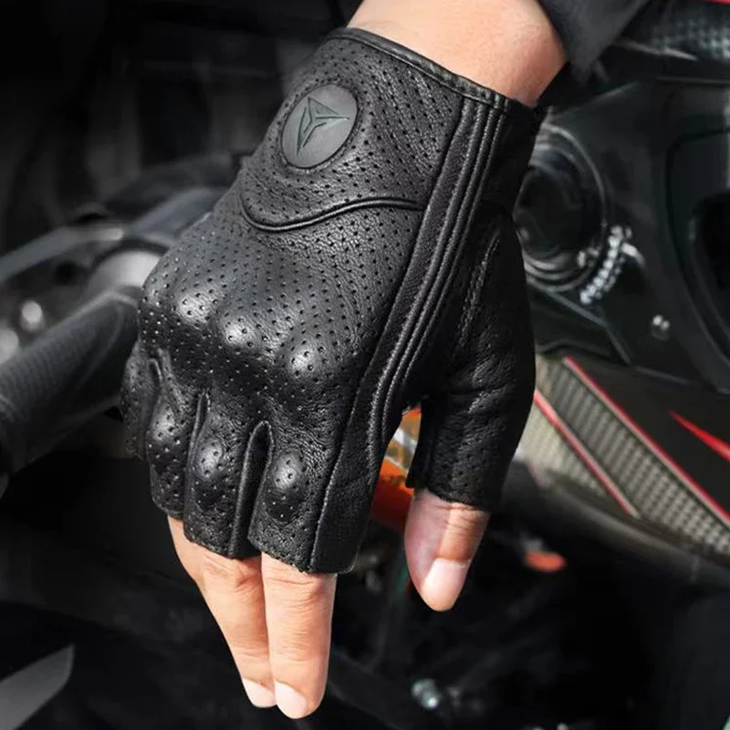 Motorcycle Gloves Half Finger Leather Summer Fingerless Racing Tactical Retro