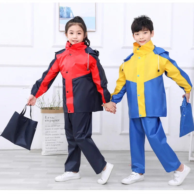 

Boys and Girls, Middle-aged Children, Split Color Matching Thickened Raincoat, Rainpants Suit, Large Brim