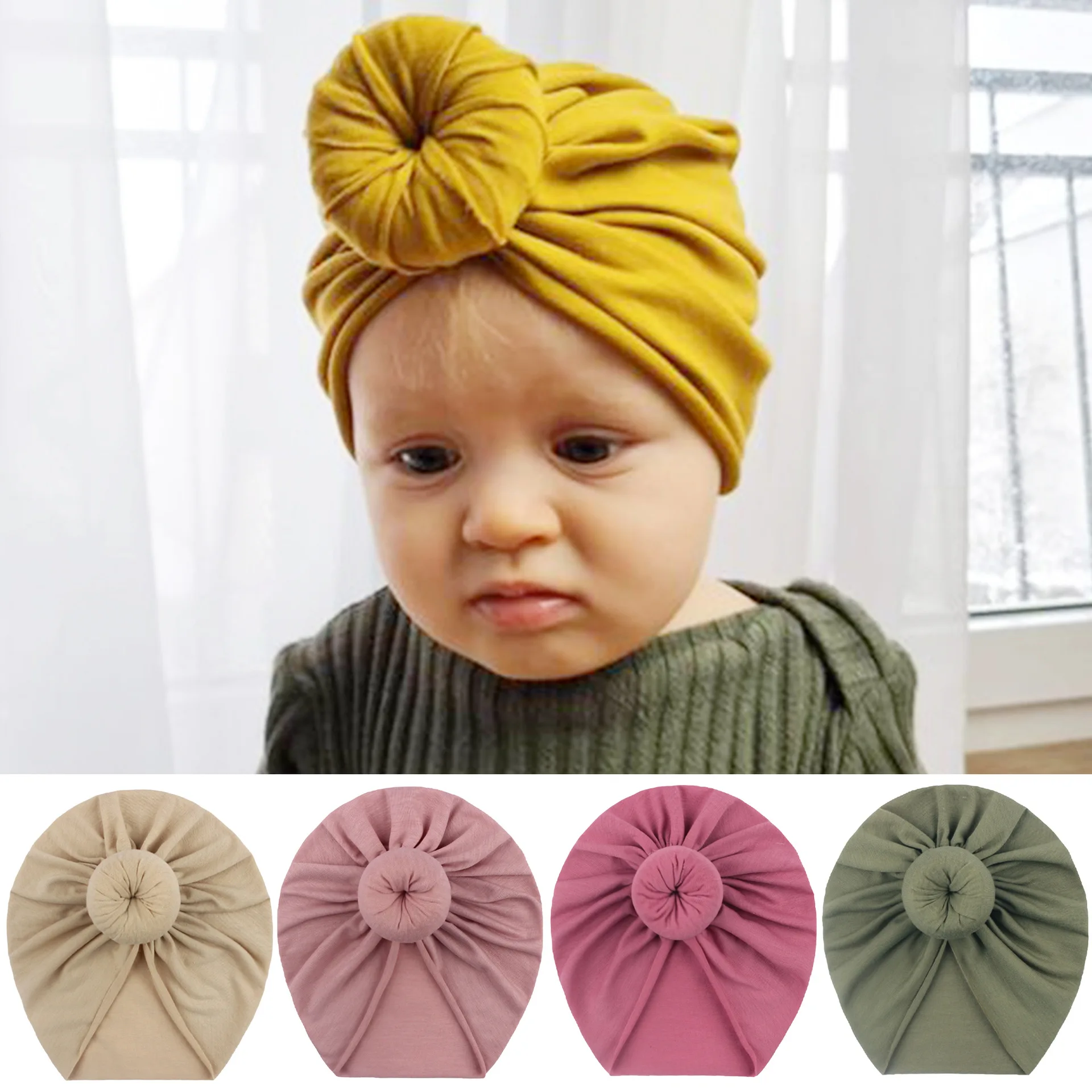 

2023 New Cute Baby Turban Caps Muslim Boys Girls Headwrap Solid Color Knotted Top African Indian Inner Hijab Bonnet